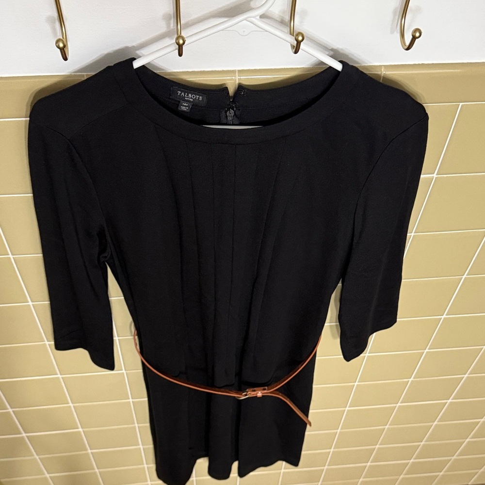 Talbots Black Long Sleeve Dress with Tan Belt